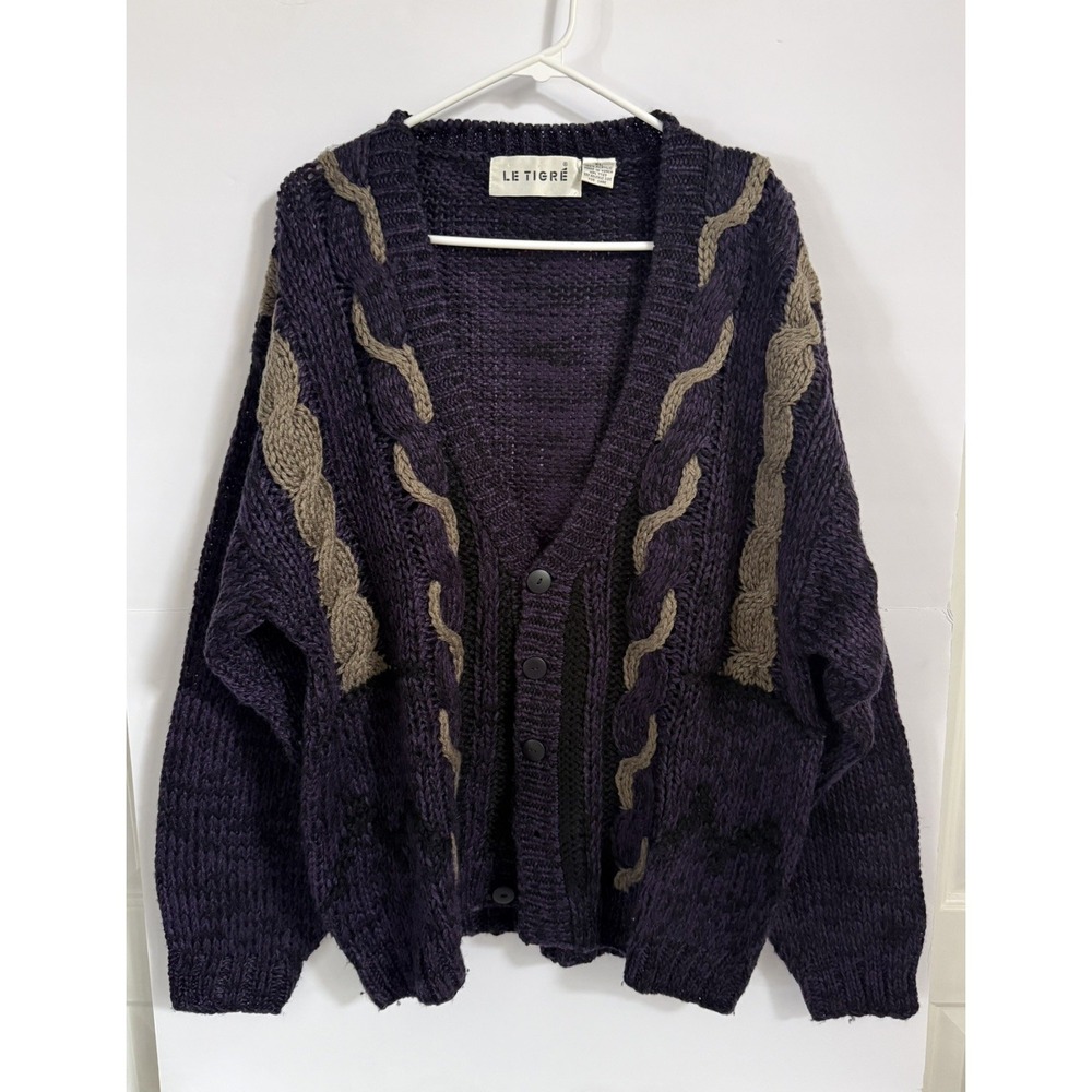 Vintage‎ Le Tigre Cardigan Purple and Brown XL  Chunky Knit Cosby Grandpacore